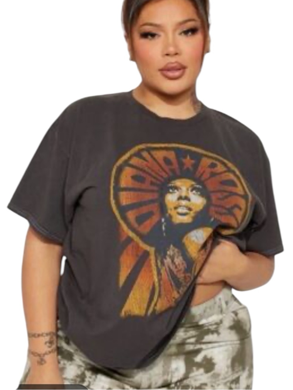 Diana Ross Charcoal Graphic Oversized Tee with Orange Vintage Print xl